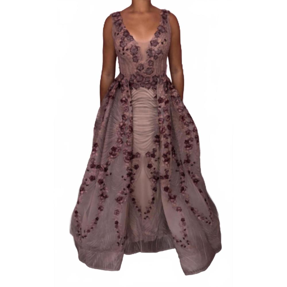 NEW MAMBO COUTURE v-neck floral applique gown in mauve